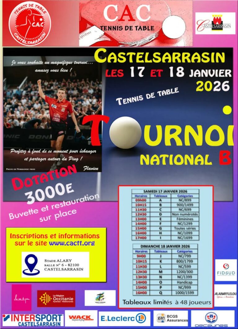 Castelsarrasin sort les tables : pourquoi tu dois bloquer ton week-end des 17 et 18 janvier 2026 🏓